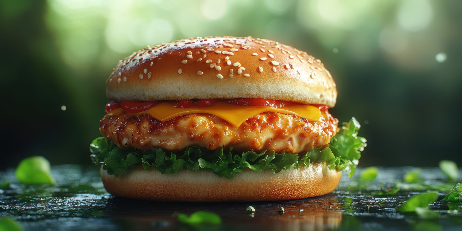 Juicy chicken burger with cheese and fresh lettuce on a wooden table surrounded by nature